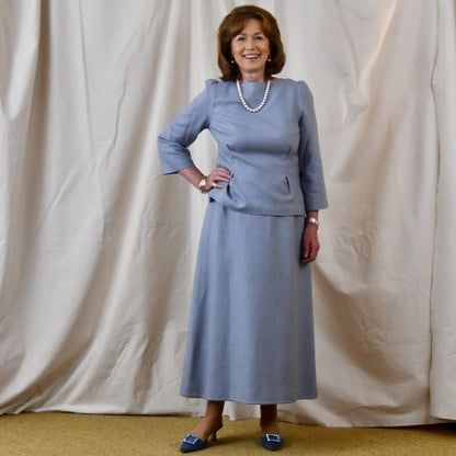 Boat Neck Skirt Suit in Pale Blue Silk Matka. Handmade in Britain.