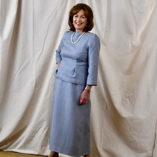 Boat Neck Skirt Suit in Pale Blue Silk Matka. Handmade in Britain.