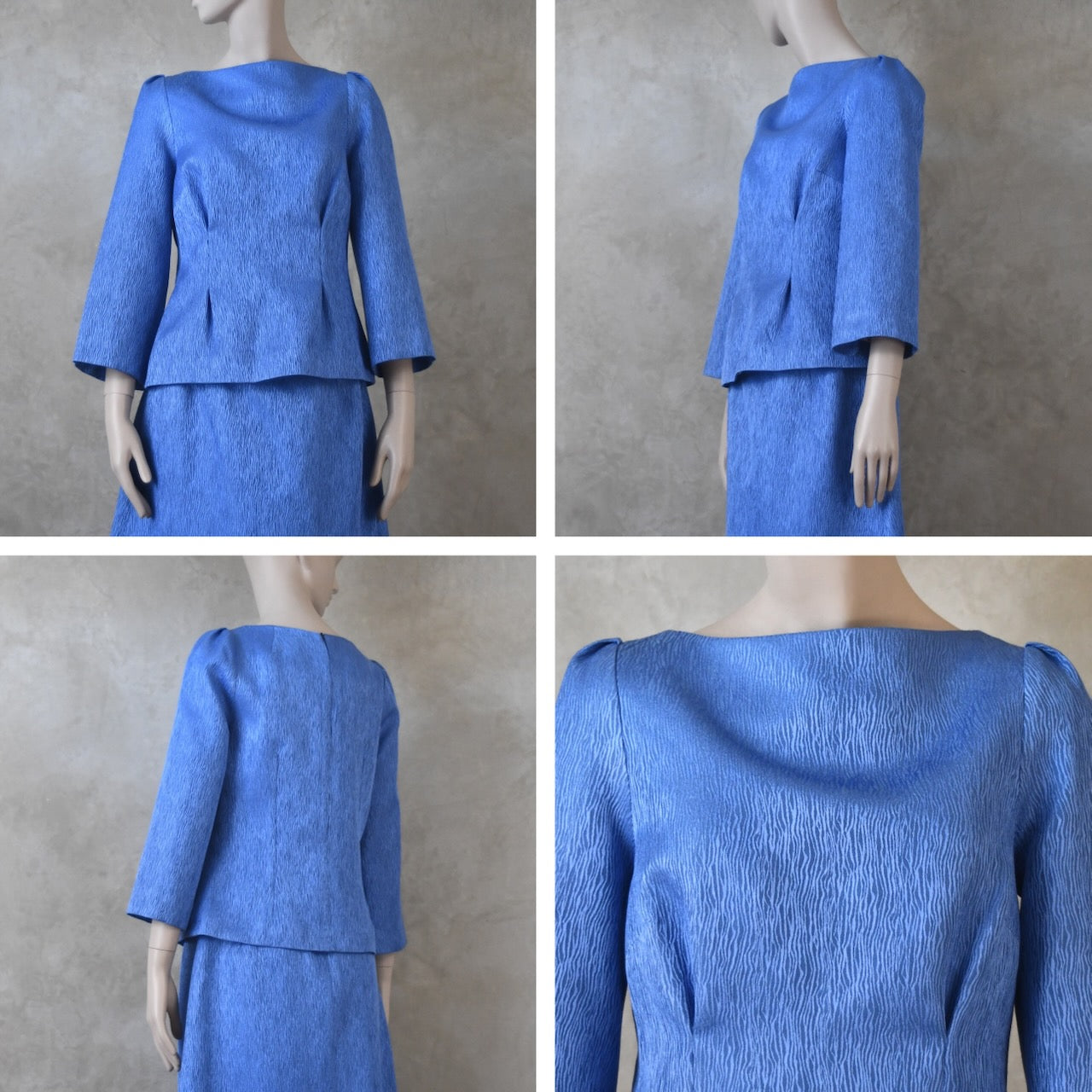 The Tailored Boat Neck Skirt Suit in Blue Brocade