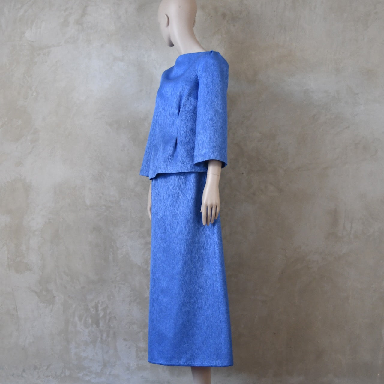 The Tailored Boat Neck Skirt Suit in Blue Brocade