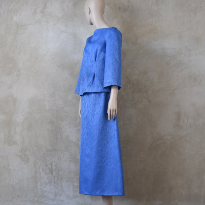 The Tailored Boat Neck Skirt Suit in Blue Brocade