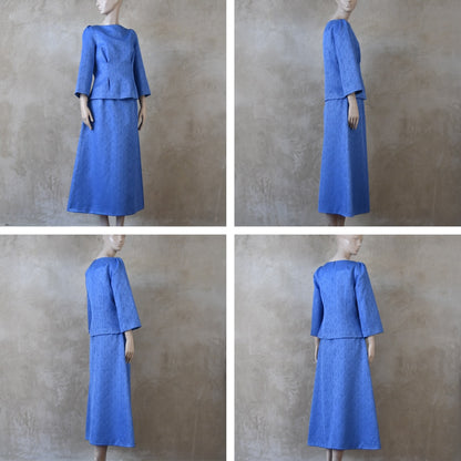 The Tailored Boat Neck Skirt Suit in Blue Brocade