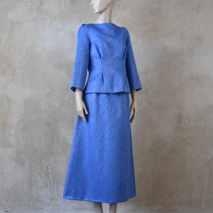 The Tailored Boat Neck Skirt Suit in Blue Brocade