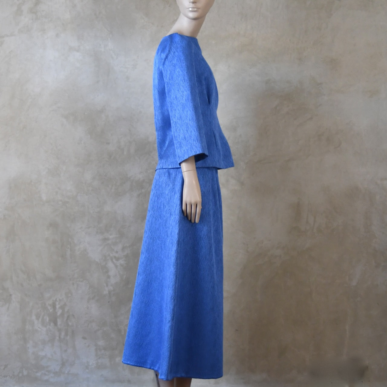 The Tailored Boat Neck Skirt Suit in Blue Brocade