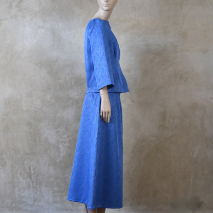 The Tailored Boat Neck Skirt Suit in Blue Brocade