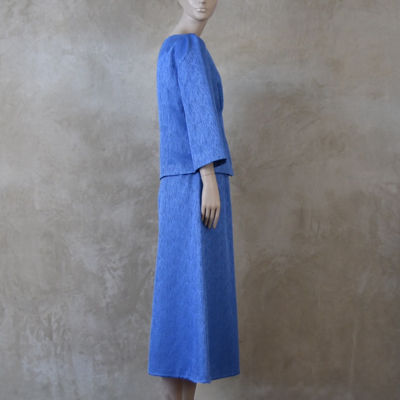 The Tailored Boat Neck Skirt Suit in Blue Brocade