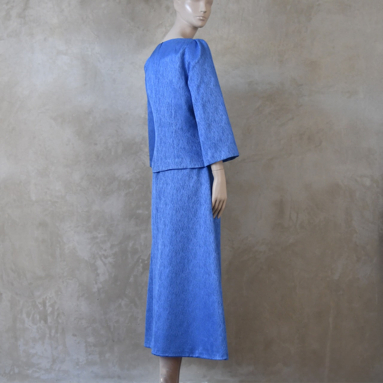 The Tailored Boat Neck Skirt Suit in Blue Brocade