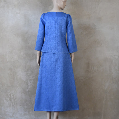 The Tailored Boat Neck Skirt Suit in Blue Brocade