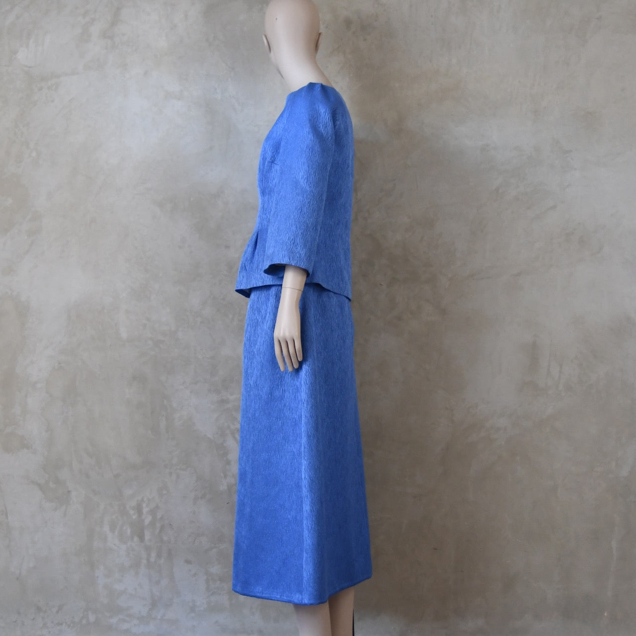 The Tailored Boat Neck Skirt Suit in Blue Brocade