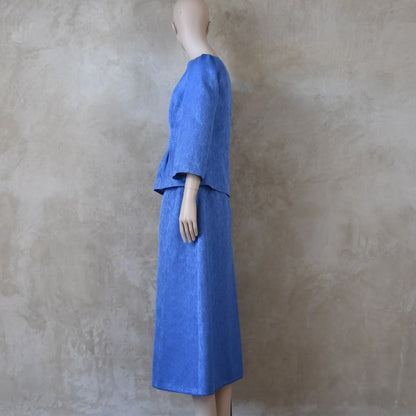 The Tailored Boat Neck Skirt Suit in Blue Brocade