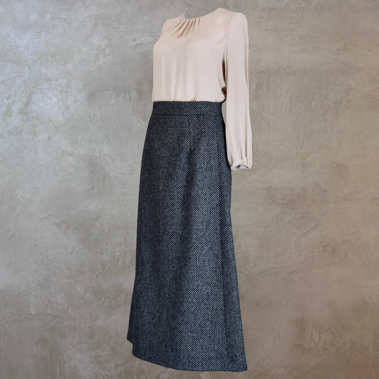 The Waisted A-Line Skirt in Blue Grey Tiger Eye Tweed
