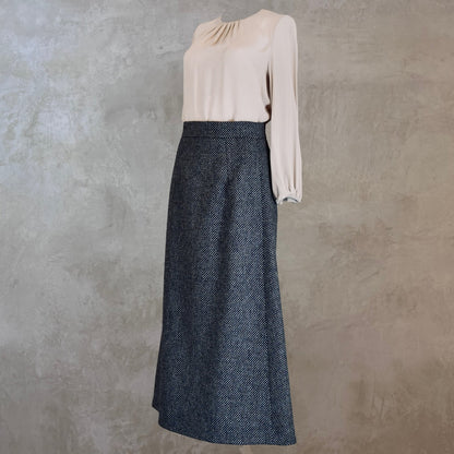 The Waisted A-Line Skirt in Blue Grey Tiger Eye Tweed