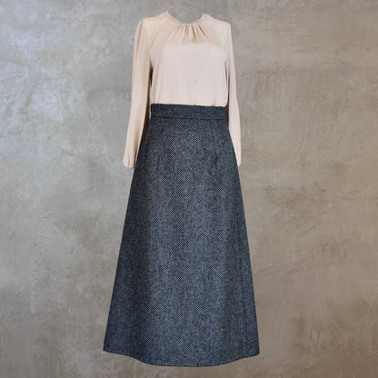 The Waisted A-Line Skirt in Blue Grey Tiger Eye Tweed