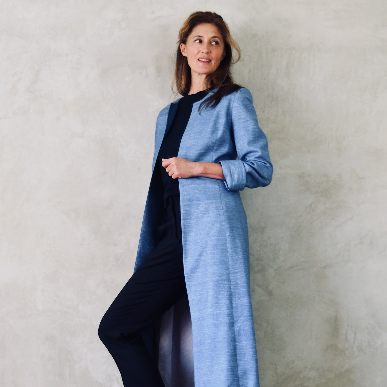 EdNerat Hourglass Coat in Blue Silk Madras. Tailored Occasion Coat in Blue. Handmade in Britain. 