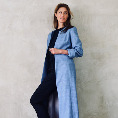 EdNerat Hourglass Coat in Blue Silk Madras. Tailored Occasion Coat in Blue. Handmade in Britain. 