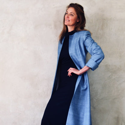 EdNerat Hourglass Coat in Blue Silk Madras. Tailored Occasion Coat in Blue. Handmade in Britain. 