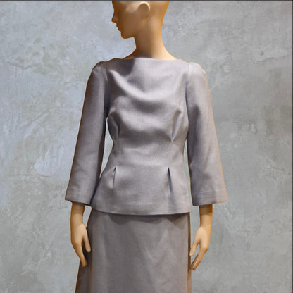 Bespoke Tailored Silk Linen separates featuring a Tailored Boat Neck Blouse in blue silk with matching skirt. Handmade in Britain.