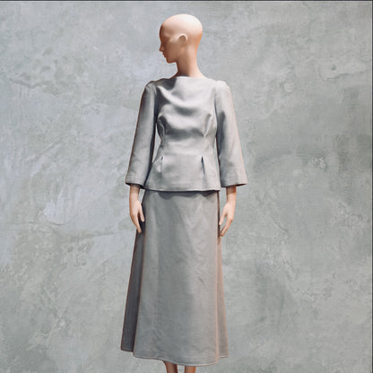 Bespoke Tailored Silk Linen separates featuring a Tailored Boat Neck Blouse in blue silk with matching skirt. Handmade in Britain.