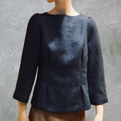 Navy Linen BoatNeck Top