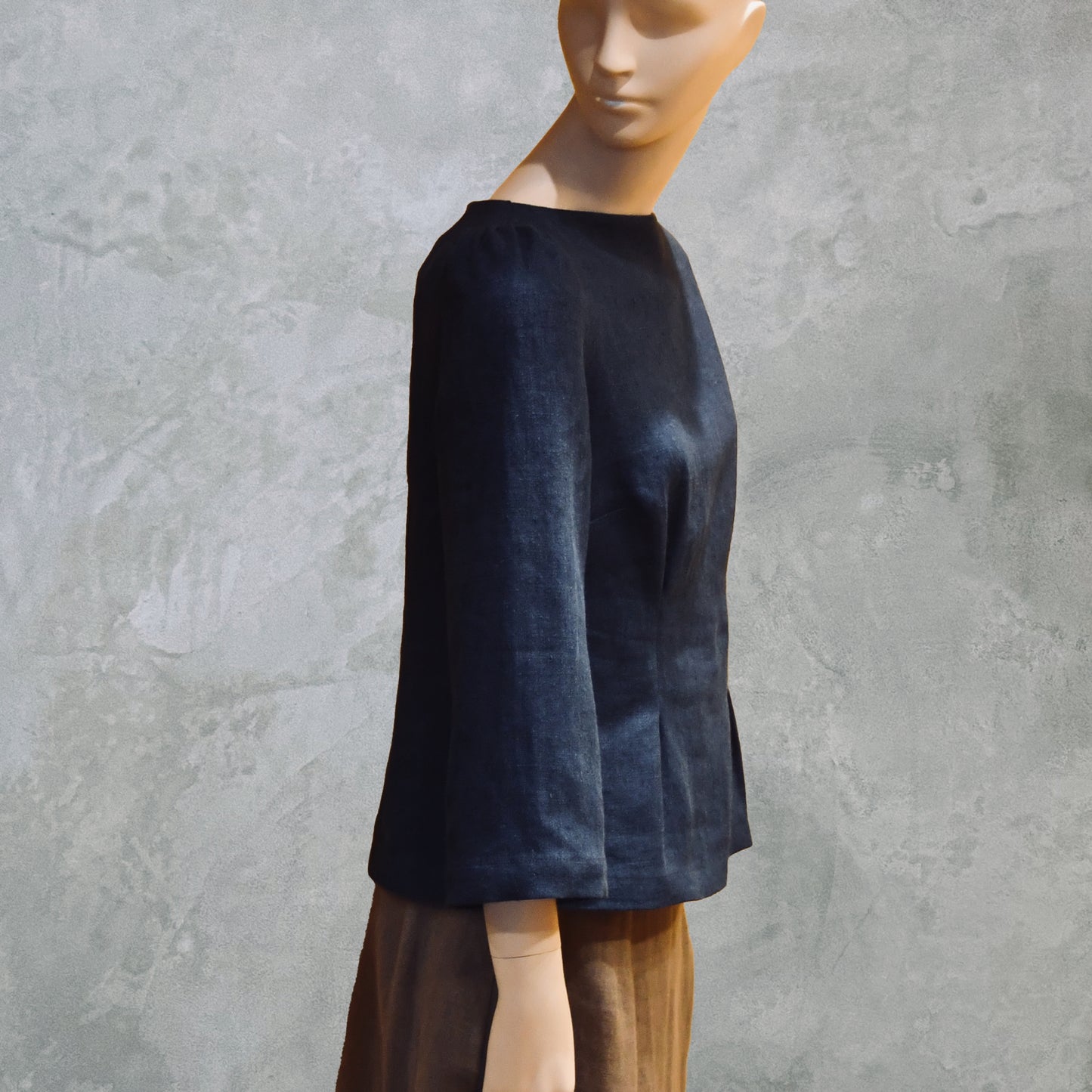 Navy Linen BoatNeck Top - Side View
