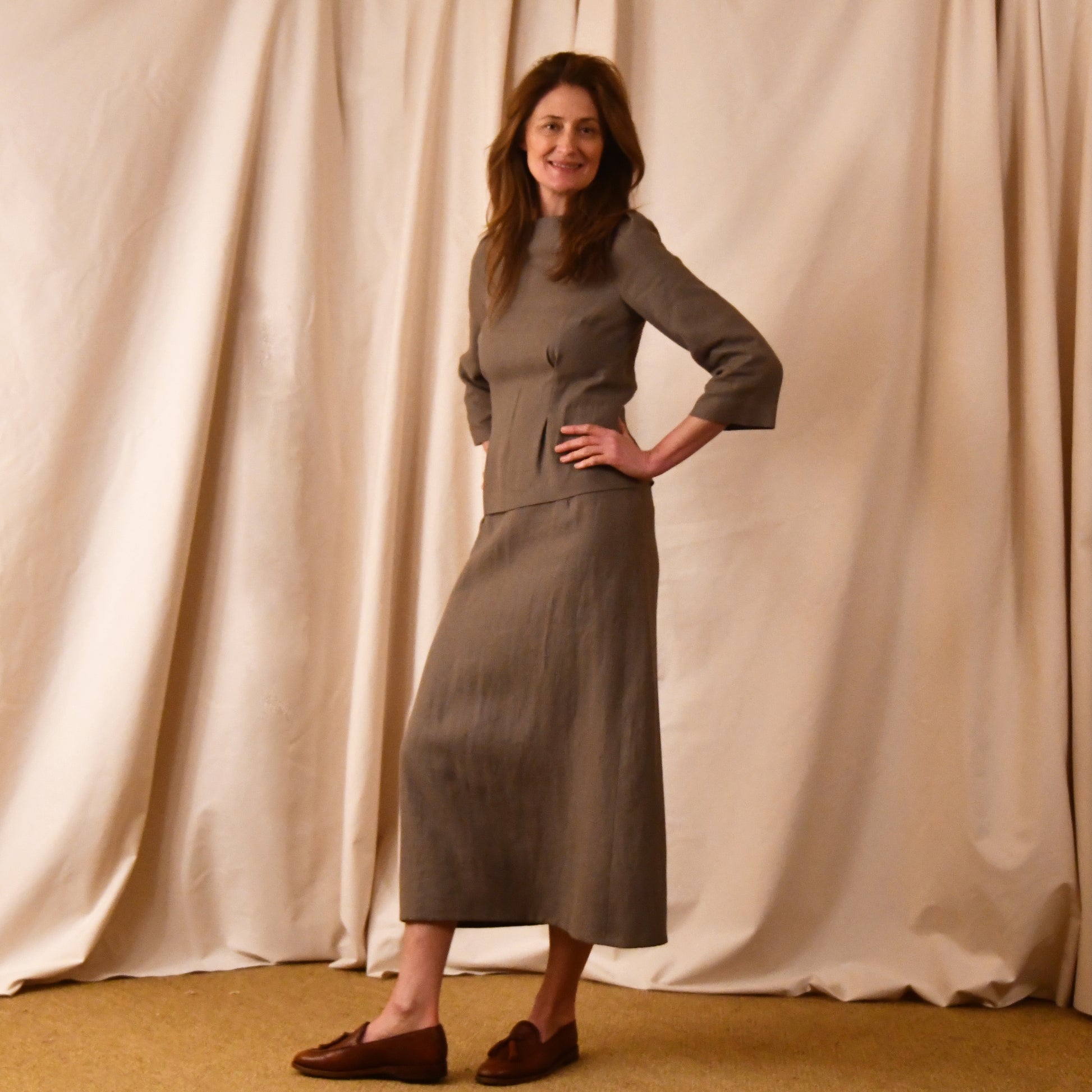 Tailored Boat Neck Blouse in Brown Irish Linen with a matching ankle-length skirt. Bespoke Tailoring. Handmade in Britain.