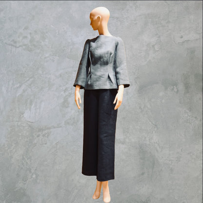 Bespoke Sea Blue Boat Neck Tailored Top  with three quarter sleeves in Slubby Irish Linen. Shown worn over navy linen trousers, full view.
Handmade in Britain.