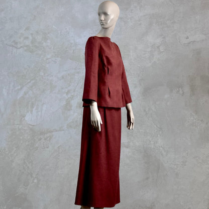 A Waisted A-Line Skirt in Silk Matka with a long-sleeved, dark red boat neck top. A minimalist, elegant design, perfect in silk for summer weddings. Handmade in Britain.