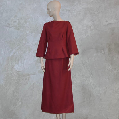 A Waisted A-Line Skirt in Silk Matka with a long-sleeved, dark red boat neck top. A minimalist, elegant design, perfect in silk for summer weddings. Handmade in Britain.