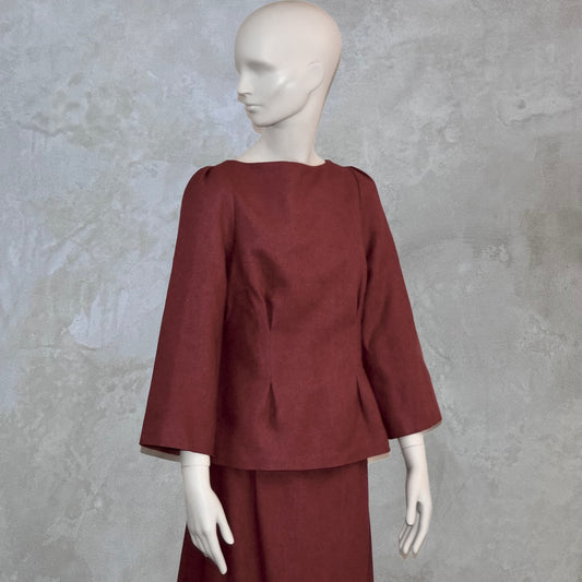 Front view of a Tailored Boat Neck Blouse in Dark Pink Silk Matka with a matching skirt. Handmade in Britain.