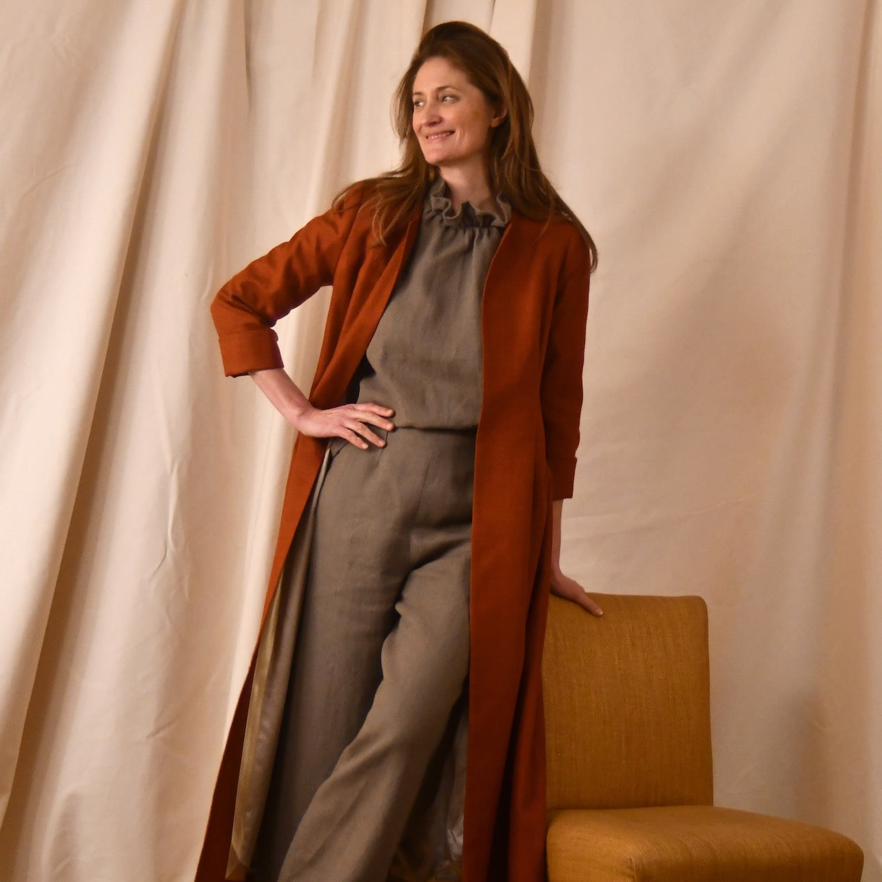 Skirted Hourglass Coat in Silk Matka - worn open