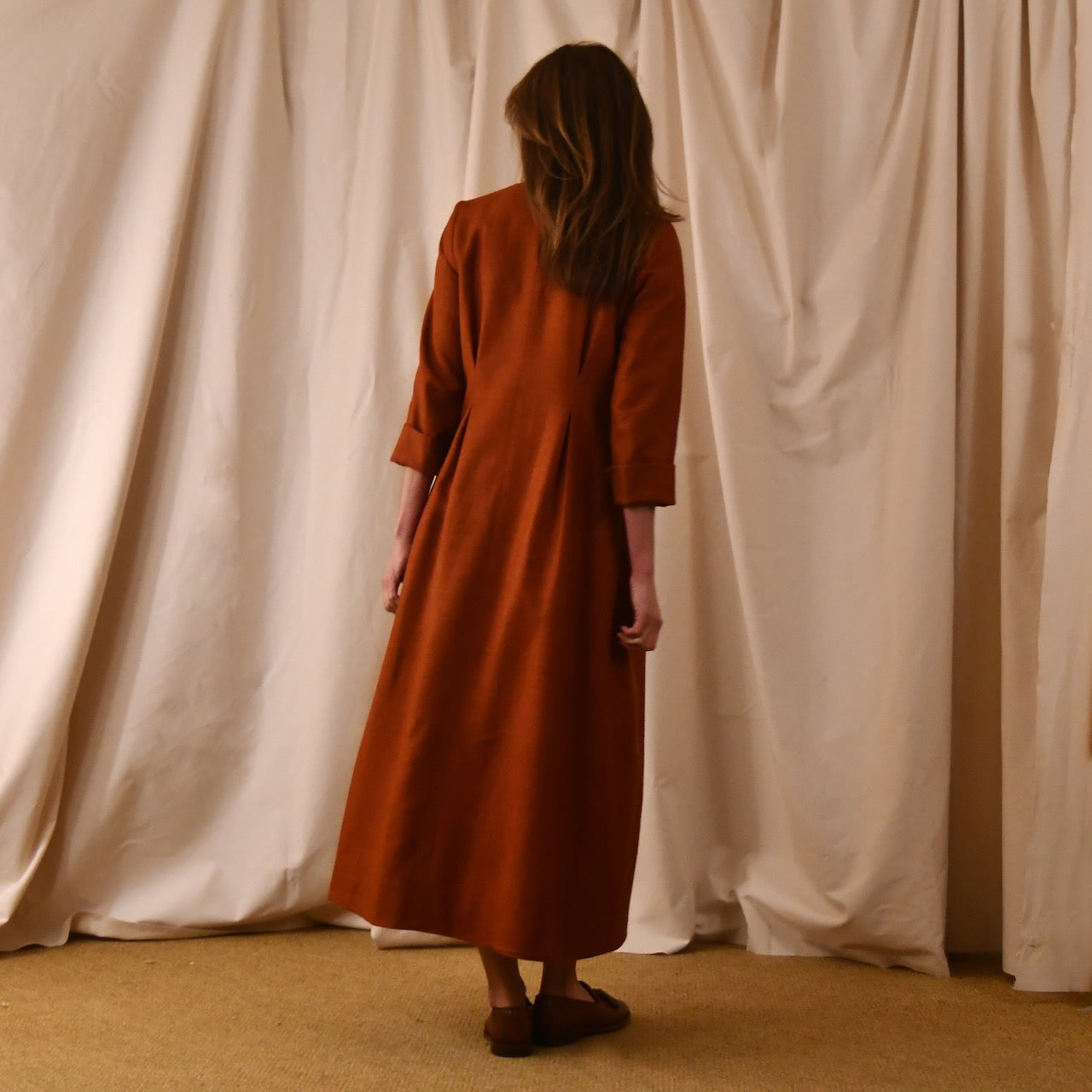 Skirted Hourglass Coat in Silk Matka – Back View