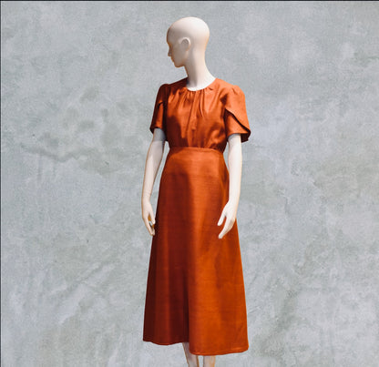 A Tulip Sleeve Blouse in Burnt Brick Silk Matka. Handmade in Britain. 
