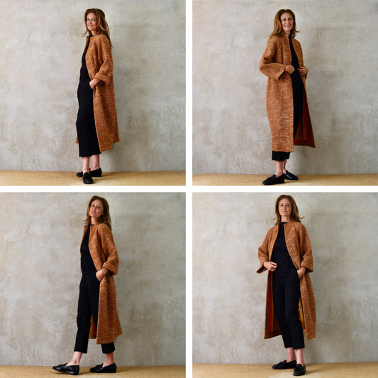 The Long Cocoon Coat in Burnt Orange Linton Tweeds Boucle
