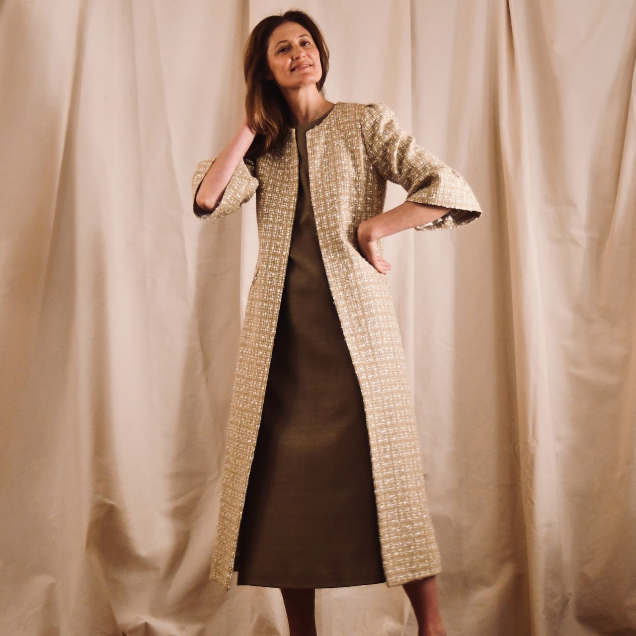 Camel Boucle Bell Sleeve Coat - Close Up