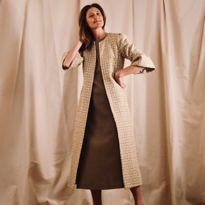 Camel Boucle Bell Sleeve Coat - Close Up