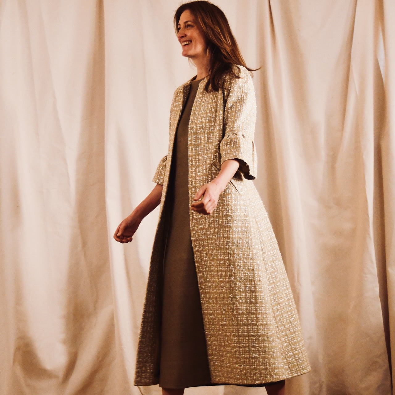 Camel Boucle Bell Sleeve Coat – Informal View