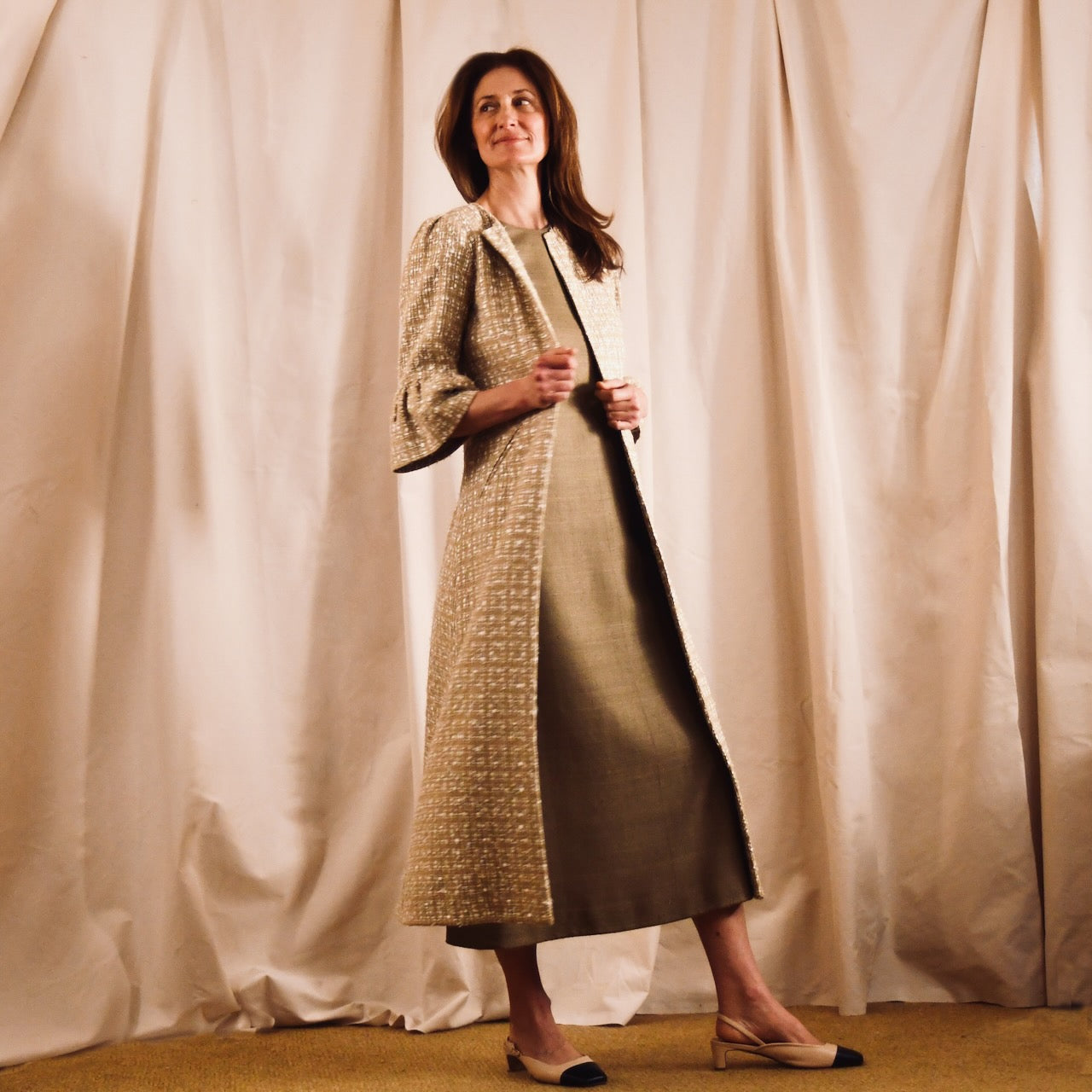 Bell Sleeve A Line Dress in Linton Tweeds Camel Check Boucle. Handmade in Britain.
