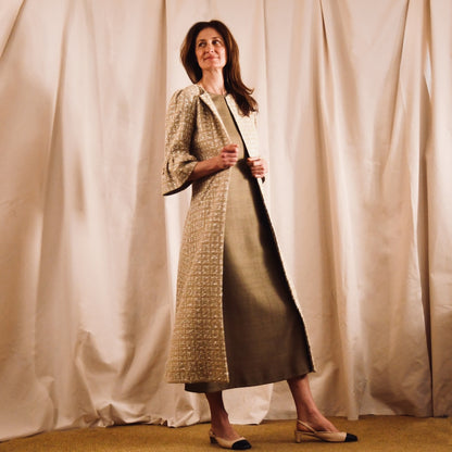 Bell Sleeve A Line Dress in Linton Tweeds Camel Check Boucle. Handmade in Britain.