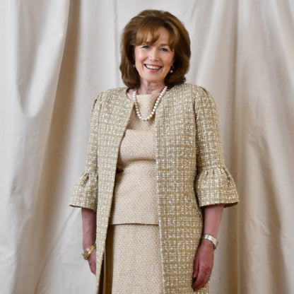 Bell Sleeve A Line Dress in Linton Tweeds Camel Check Boucle. Handmade in Britain.
