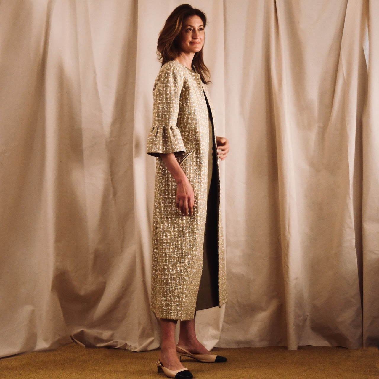 Bell Sleeve A Line Dress in Linton Tweeds Camel Check Boucle. Handmade in Britain.