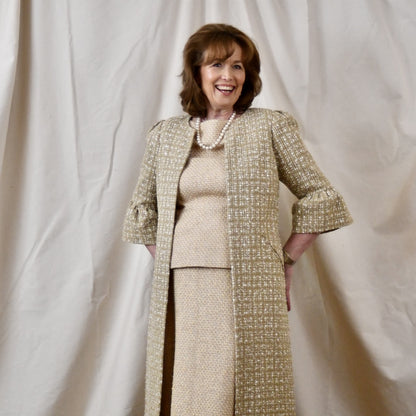 Bell Sleeve A Line Dress in Linton Tweeds Camel Check Boucle. Handmade in Britain.