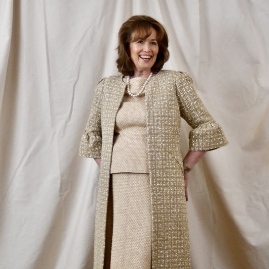 Bell Sleeve A Line Dress in Linton Tweeds Camel Check Boucle. Handmade in Britain.