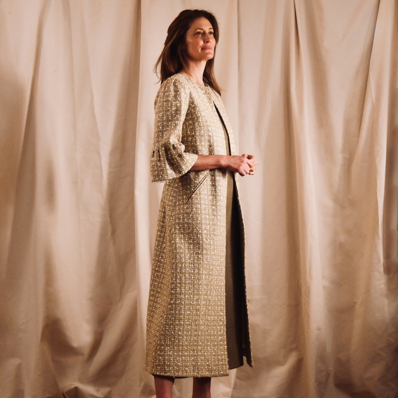 Camel Boucle Bell Sleeve Coat - Side View