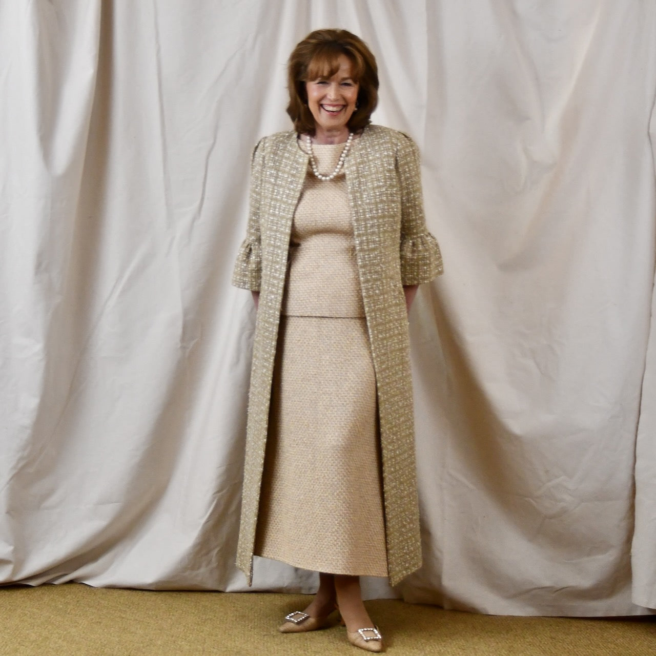 Bell Sleeve A Line Dress in Linton Tweeds Camel Check Boucle. Handmade in Britain.