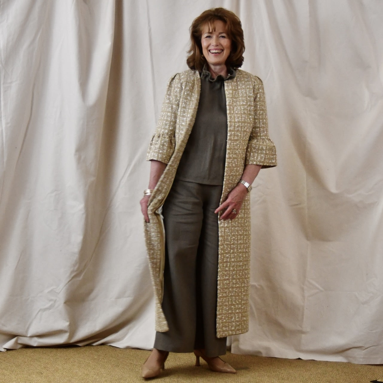 Bell Sleeve A Line Dress in Linton Tweeds Camel Check Boucle. Handmade in Britain.