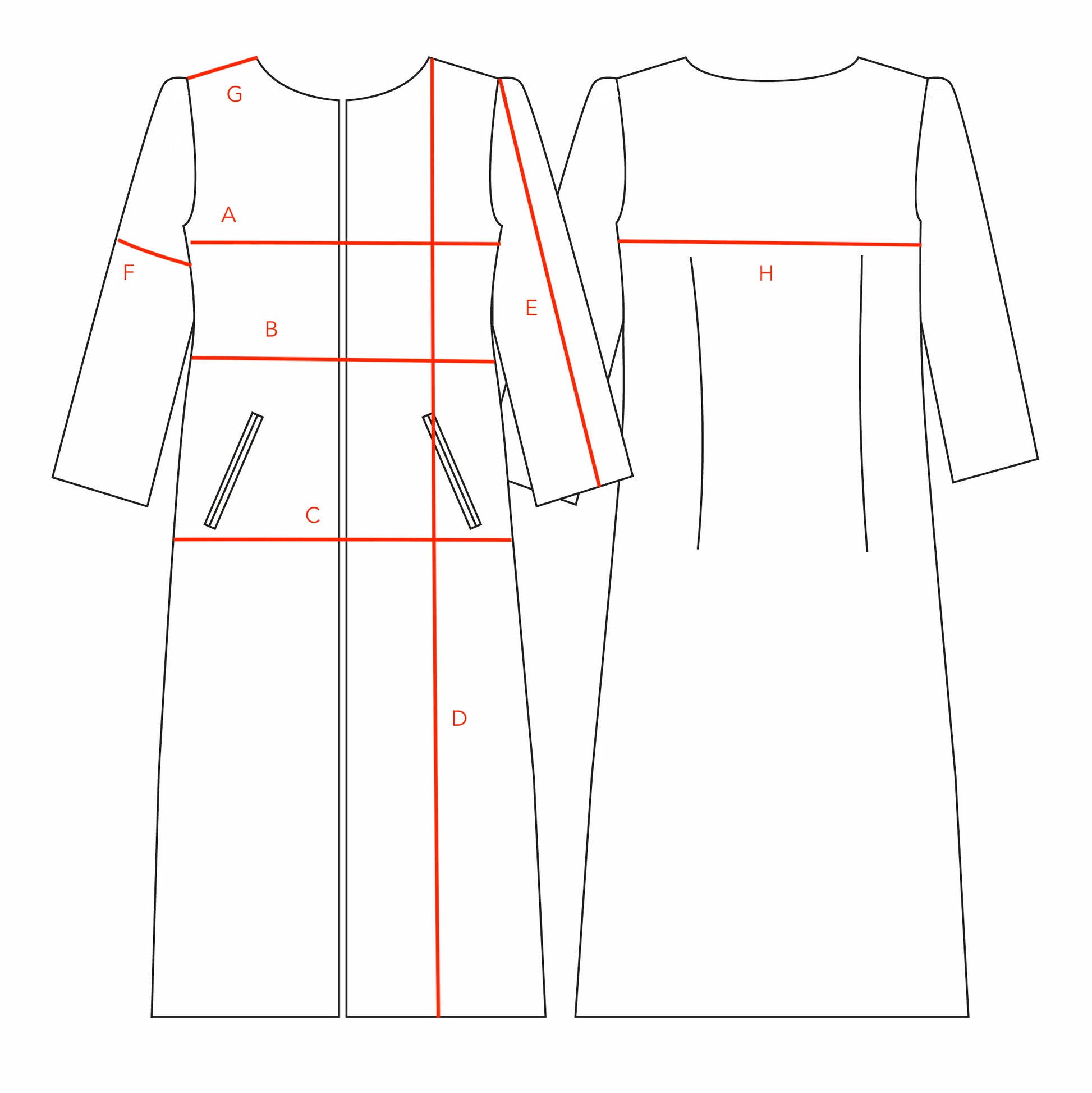 Line drawing of A-Line Coat by EdNerat, shown front and back, with red lines and labeled sections A–H marking measurement points.