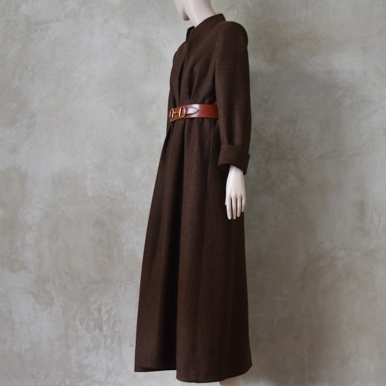 The Skirted Hourglass Coat in Brown Herringbone Merino Flannel