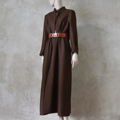 The Skirted Hourglass Coat in Brown Herringbone Merino Flannel