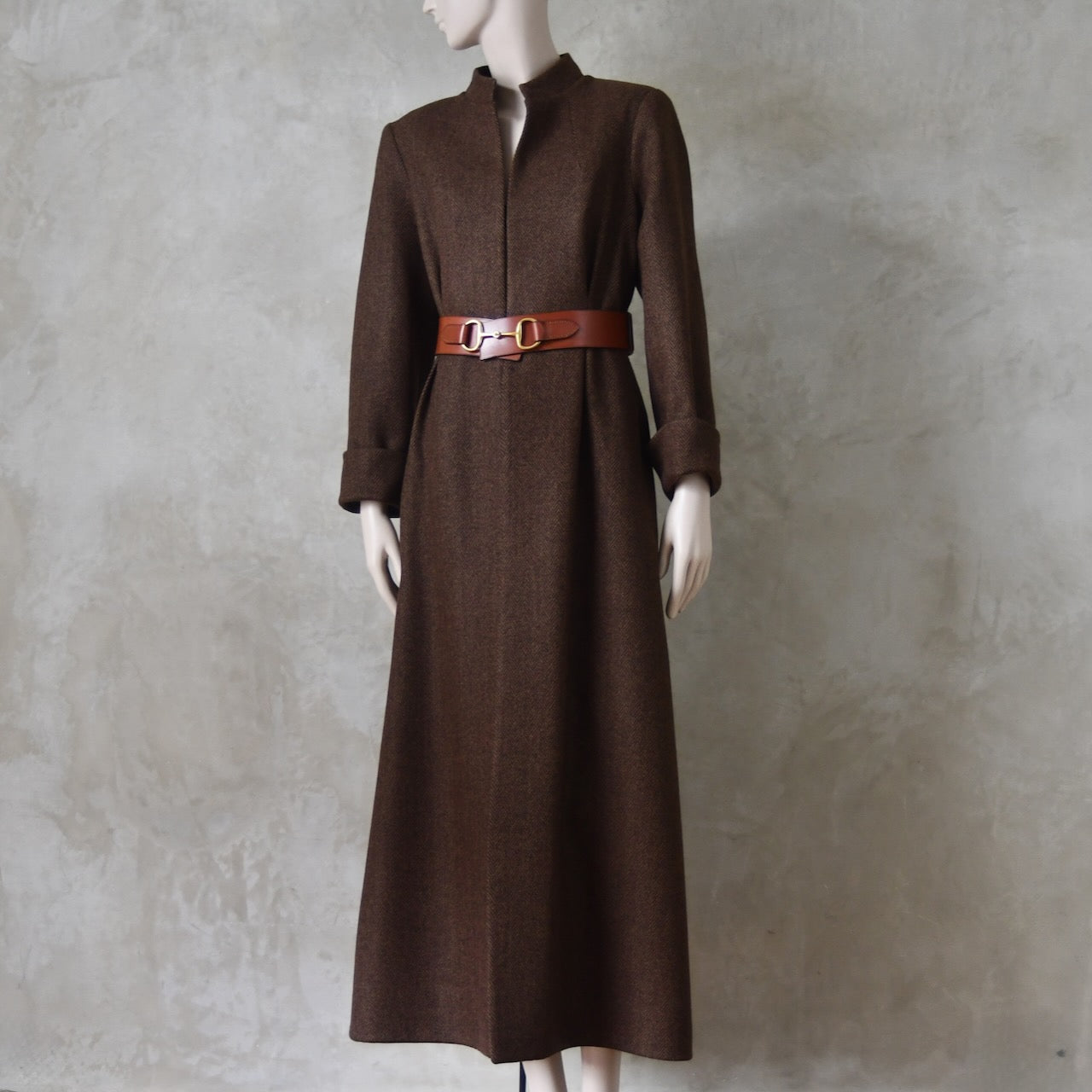 The Skirted Hourglass Coat in Brown Herringbone Merino Flannel