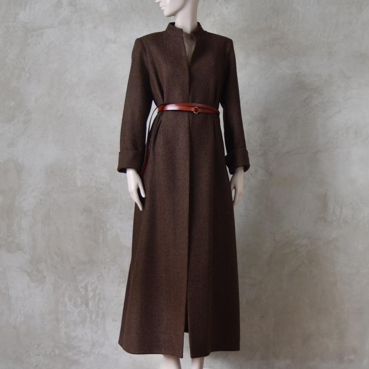 The Skirted Hourglass Coat in Brown Herringbone Merino Flannel